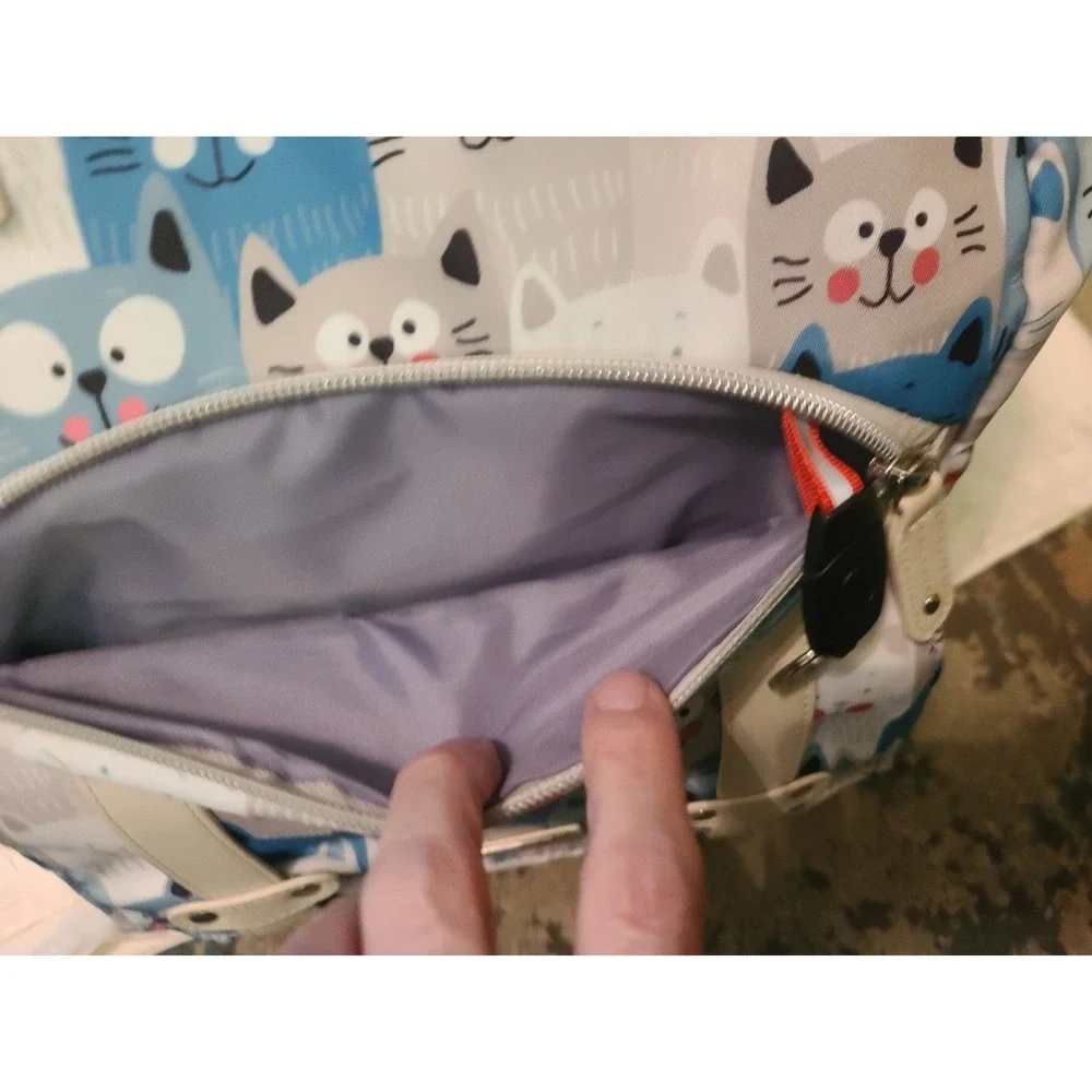 Diaper Bag Backpack Cat Print Blue Grey‎ White USB Charging Port Laprop Travel